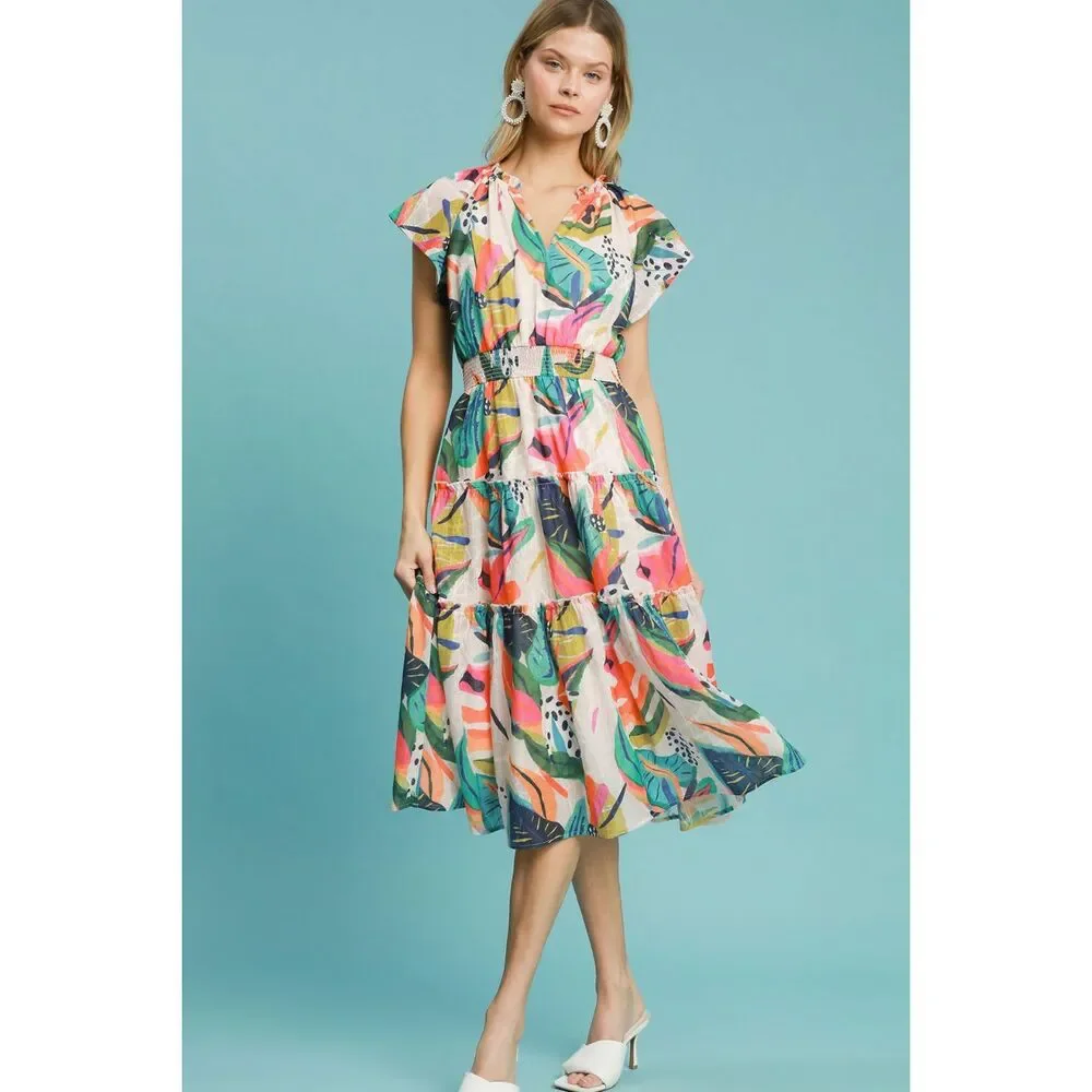 Umgee Full Size Leaf Print Cap Sleeve Tiered Midi Dress Plus Size - Picture 3 of 4